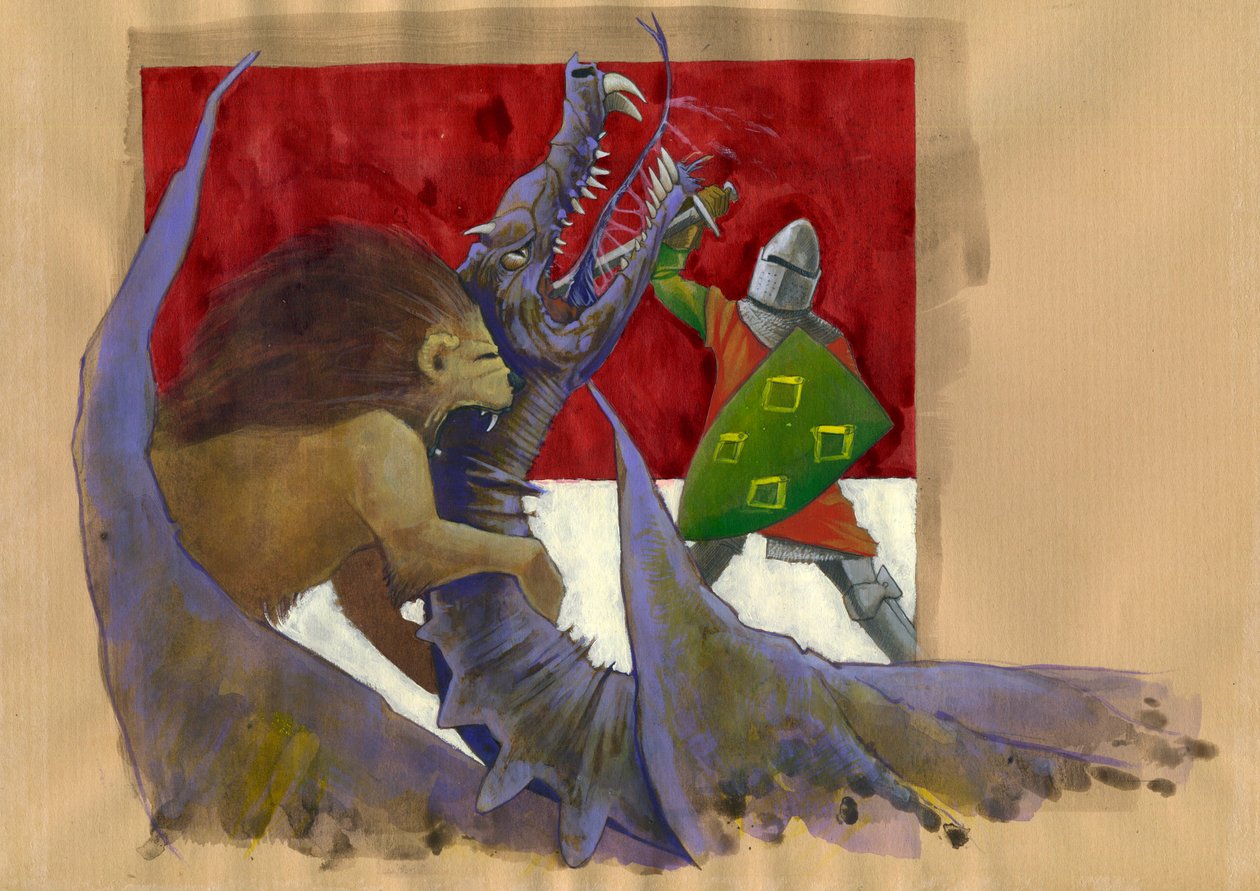 Yvain, rytíř lva bojující s drakem Ilustrace Alessandro Lonati od Alessandro Lonati