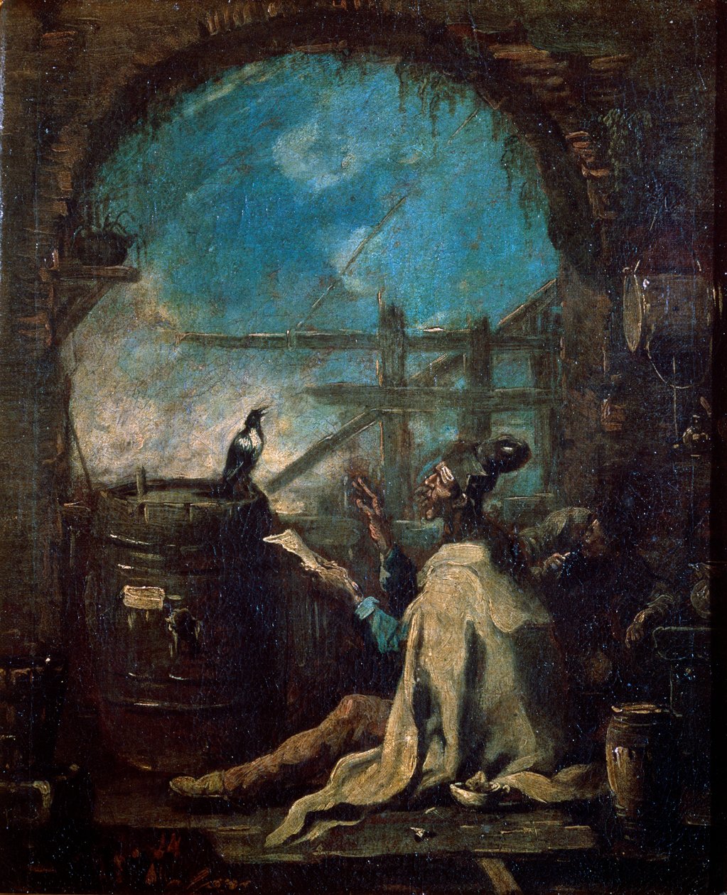 Klaun cvičící straku, konec 17. nebo 18. století od Alessandro Magnasco