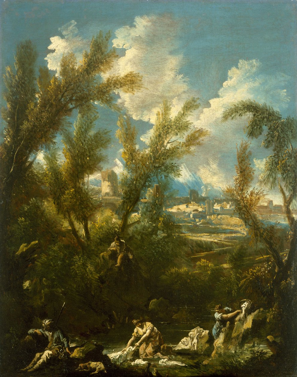 Krajina s Washerwoman, kolem roku 1715 od Alessandro Magnasco