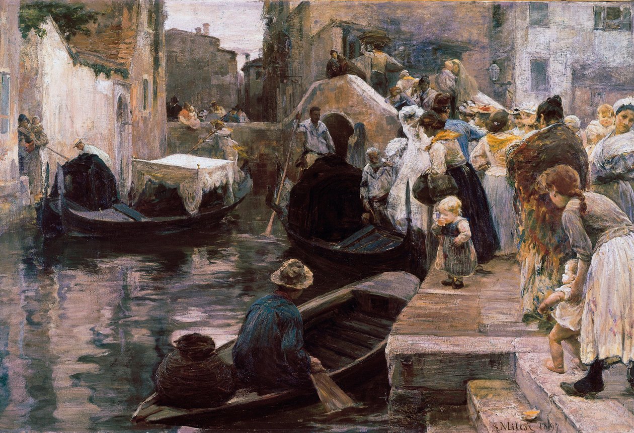 "Svatba v Benátkách"" Novomanželé jezdí na gondole. Obraz Alessandra Milesiho (1856-1945) 1897 Řím. Galleria Nazionale d