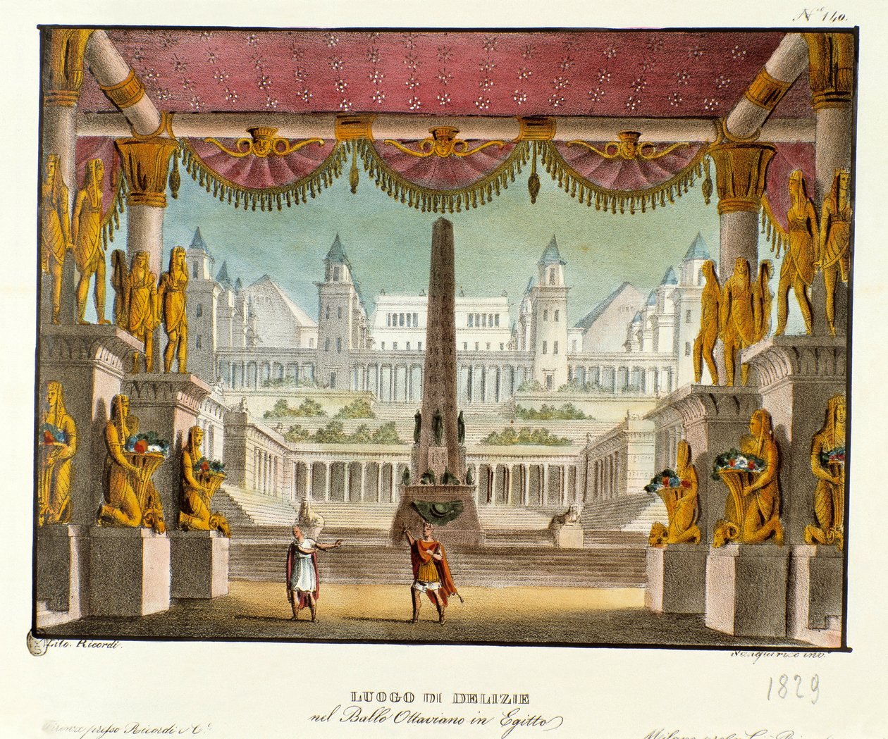 Lahodné místo: pohled z interiéru chrámu se sochami Scénografie k baletu „“ Octavian v Egyptě “ od italského choreografa Giovanniho Galzeraniho (1780-1865) (1828). Litografie v Alexandrově sbírce scénických vynálezů z roku 1830 od Alessandro Sanquirico