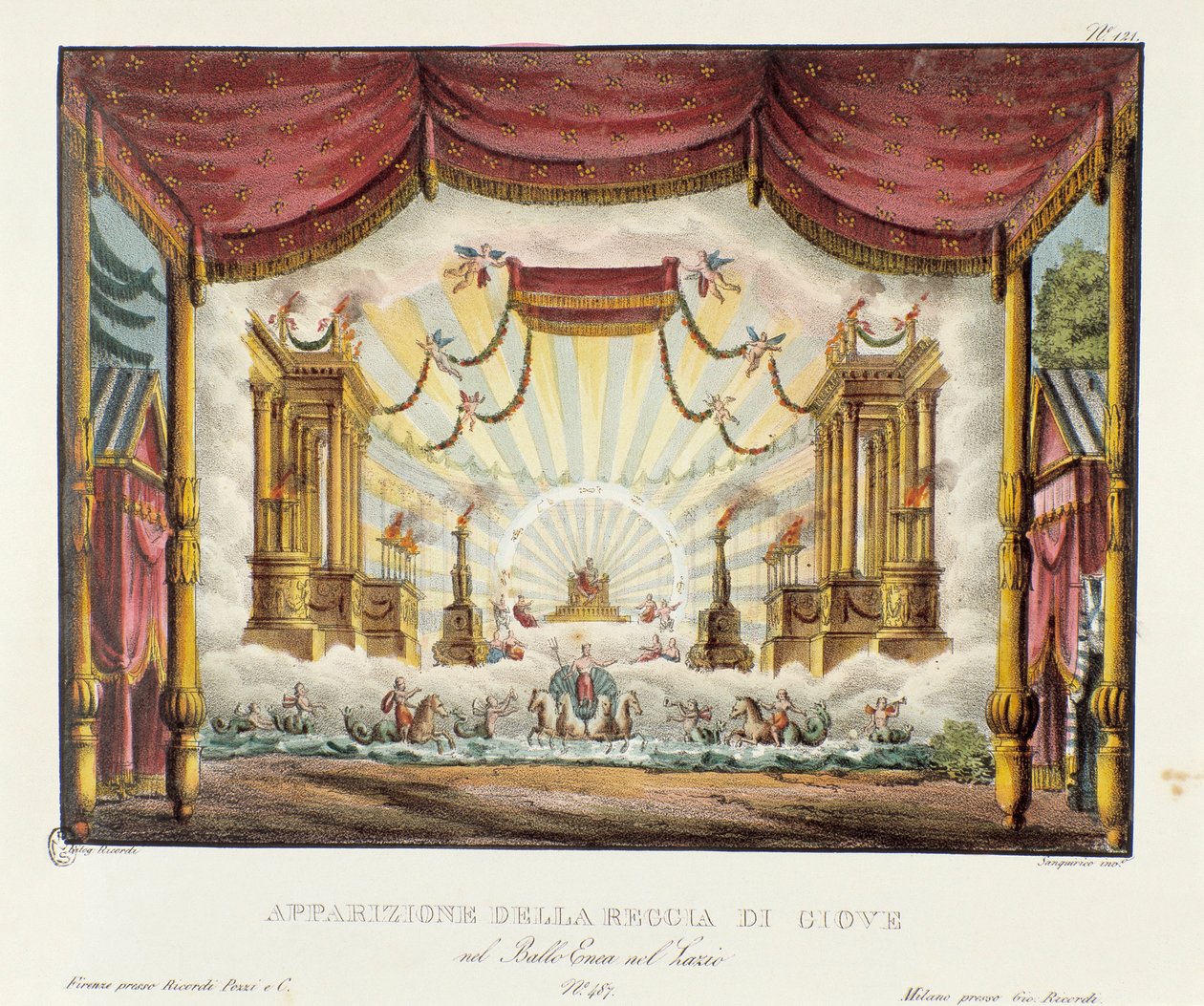 Vzhled království Jupitera Scénografie pro zobrazení operního dramatu "" Enea nel Lazio "" (1799) Giuseppe Sartiho. Litografie ve „“ Sbírce scénických vynálezů z roku 1830 od Alessandra Sanquirica (1777-1849) ““. milánský soukromý plk od Alessandro Sanquirico
