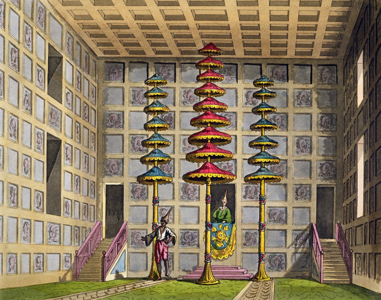 Audience Hall, Cochin China, deska 88 z „Le Costume Ancien et Moderne“ od Julese Ferraria, vyryto Gaetanem Zanconem (1771-1816), publikováno kolem 20.–30. od Alessandro Sanquirico