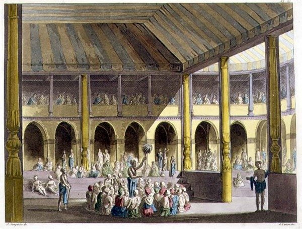 Bráhmani zpívají chválu bohu Rámovi z knihy „Il kostým antico e moderno...“, kterou sestavil hospodský Giulio Ferrario (1767–1847). Řím od Alessandro Sanquirico