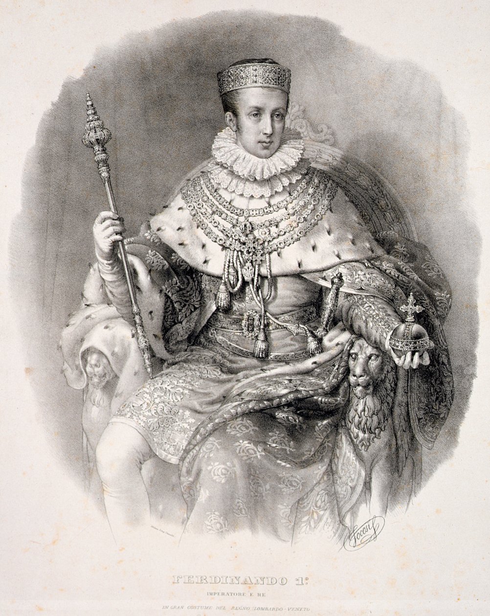 Ferdinand I. (1793-1875), král Lombardie-Venetia, ve státní róbě, z „Coronazione de SMIRA Ferdinando I, il Re del Regno Lombard-Venetia“, vydáno 1838 od Alessandro Sanquirico