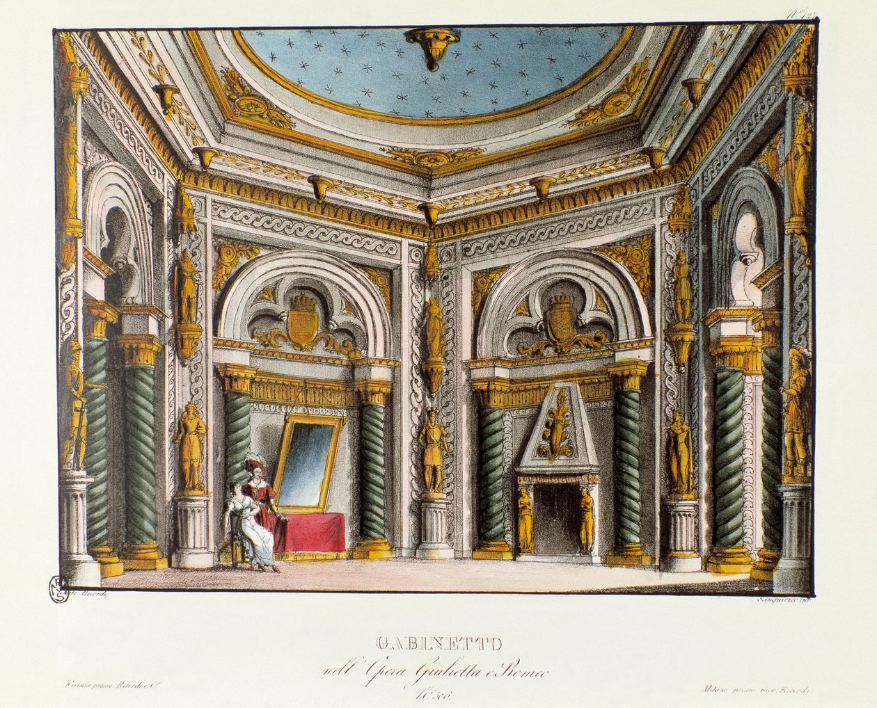 Soukromé apartmány Julie Scénografie pro představení v Teatro Carcano v roce 1829 opery „Giulietta e Romeo“ (Julie a Romeo) (1796) Niccola Antonia Zingarelliho po kusu „Romeo a Julie““ od Williama Shakespeara. Litografie v „“ Rac od Alessandro Sanquirico