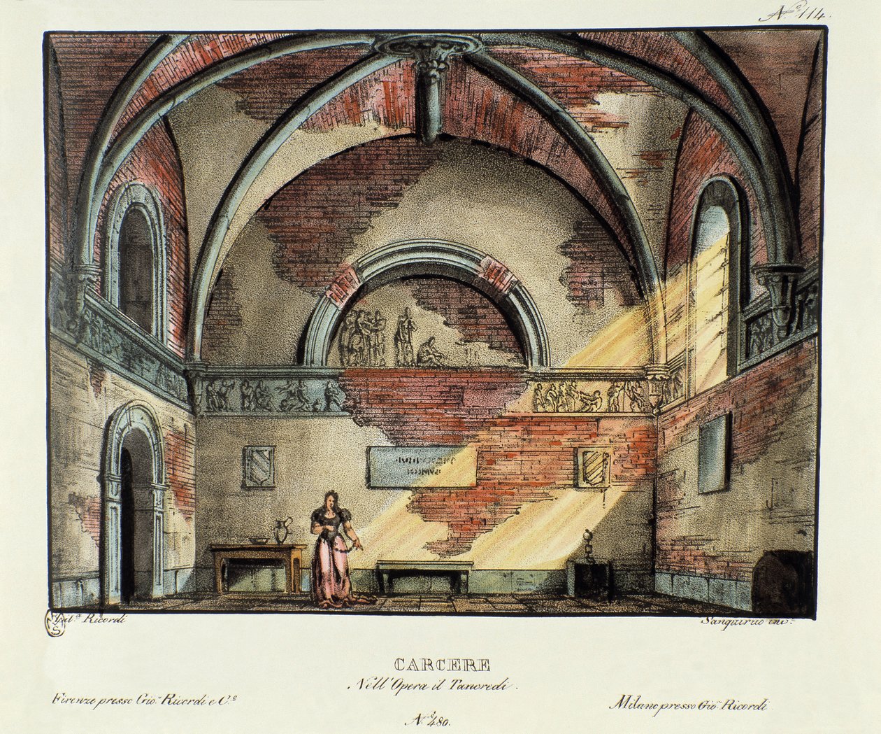 Scénografie vězeňské cely pro představení v Miláně v roce 1829 opery „Tancredi“ (nebo Tancrede) od Gioacchina Rossiniho (nebo Gioachina) (1813) podle Voltairova díla „ Tancrede “. Litografie v „“ Sbírka scénických vynálezů z roku 1830 od Alessandra Sanqa od Alessandro Sanquirico