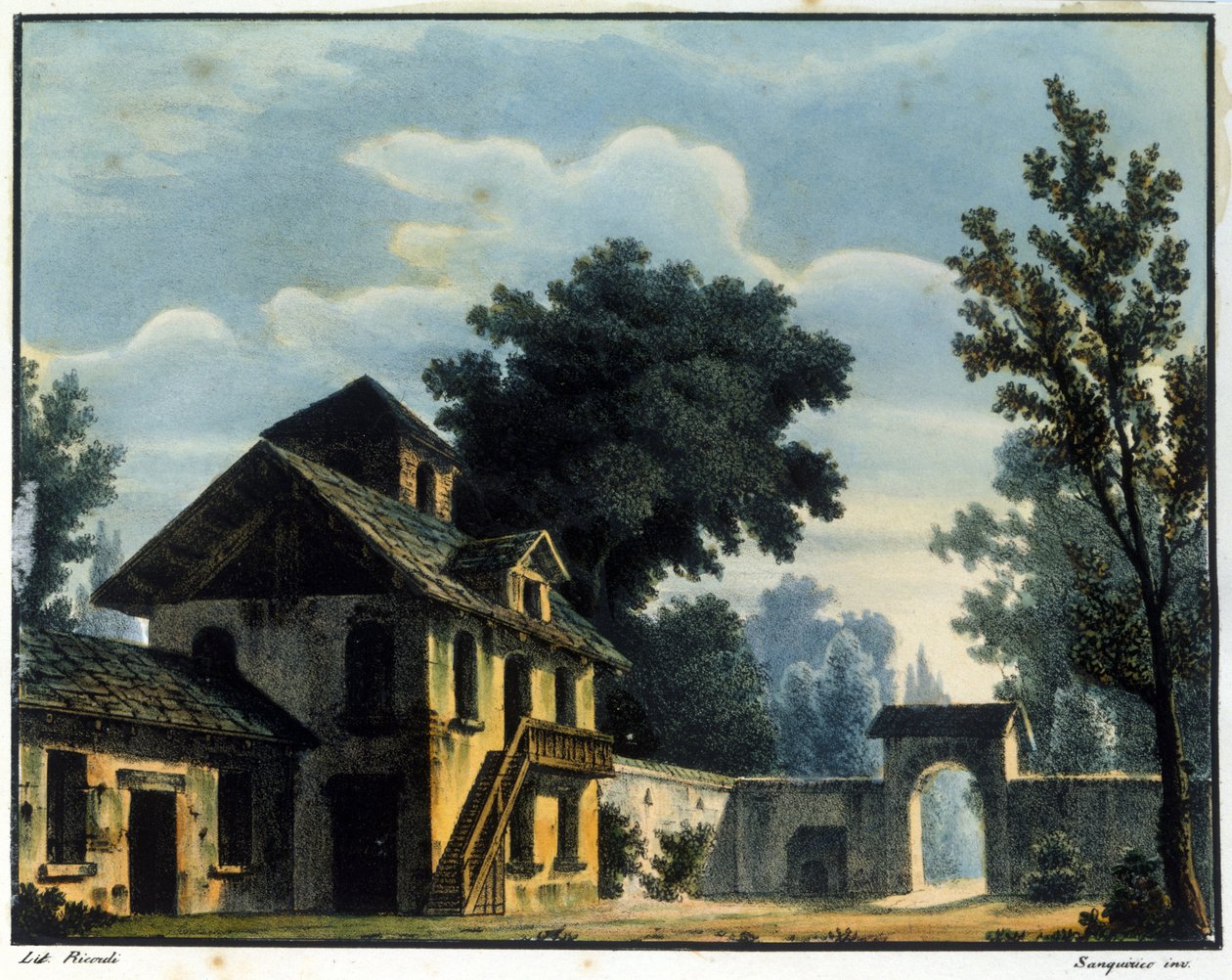 Scénografie ke 2. scéně 2. dějství opery „Elixír lásky“ Gaetana Donizettiho (1797-1848) pro představení v Teatro della Canobbiana v Miláně dne 12. 5. 1832. Kresba Alessandra Sanquirica (1777-1849) od Alessandro Sanquirico