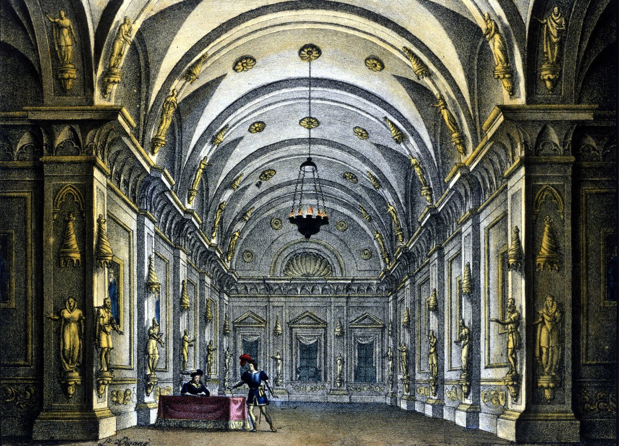 Scénografie Sanquirica pro operu „Anna Bolena“ od Gaetana Donizettiho (1797-1848) zastoupená v Teatro Carcano v Miláně od Alessandro Sanquirico