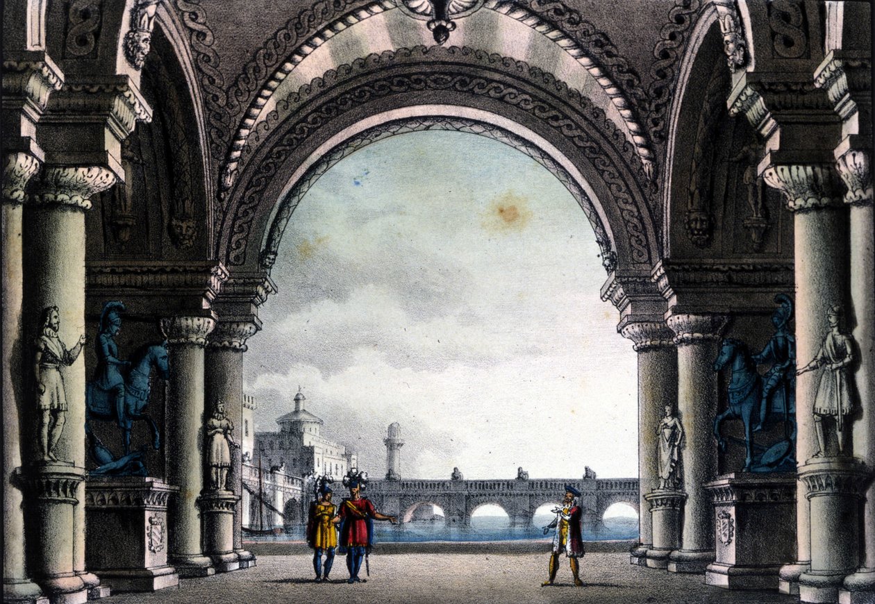 Scénografie Sanquirica pro operu „Bianca a Fernando“ od Vincenza Belliniho od Alessandro Sanquirico