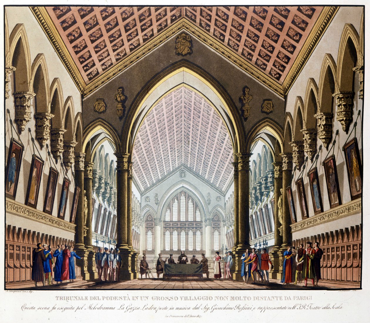 Scénografie Sanquirica pro operu „La gazza ladra“ Gioacchina Rossiniho zastoupená v Teatro alla Scala v Miláně v roce 1817: Tribunal du Podestat u Paříže. od Alessandro Sanquirico
