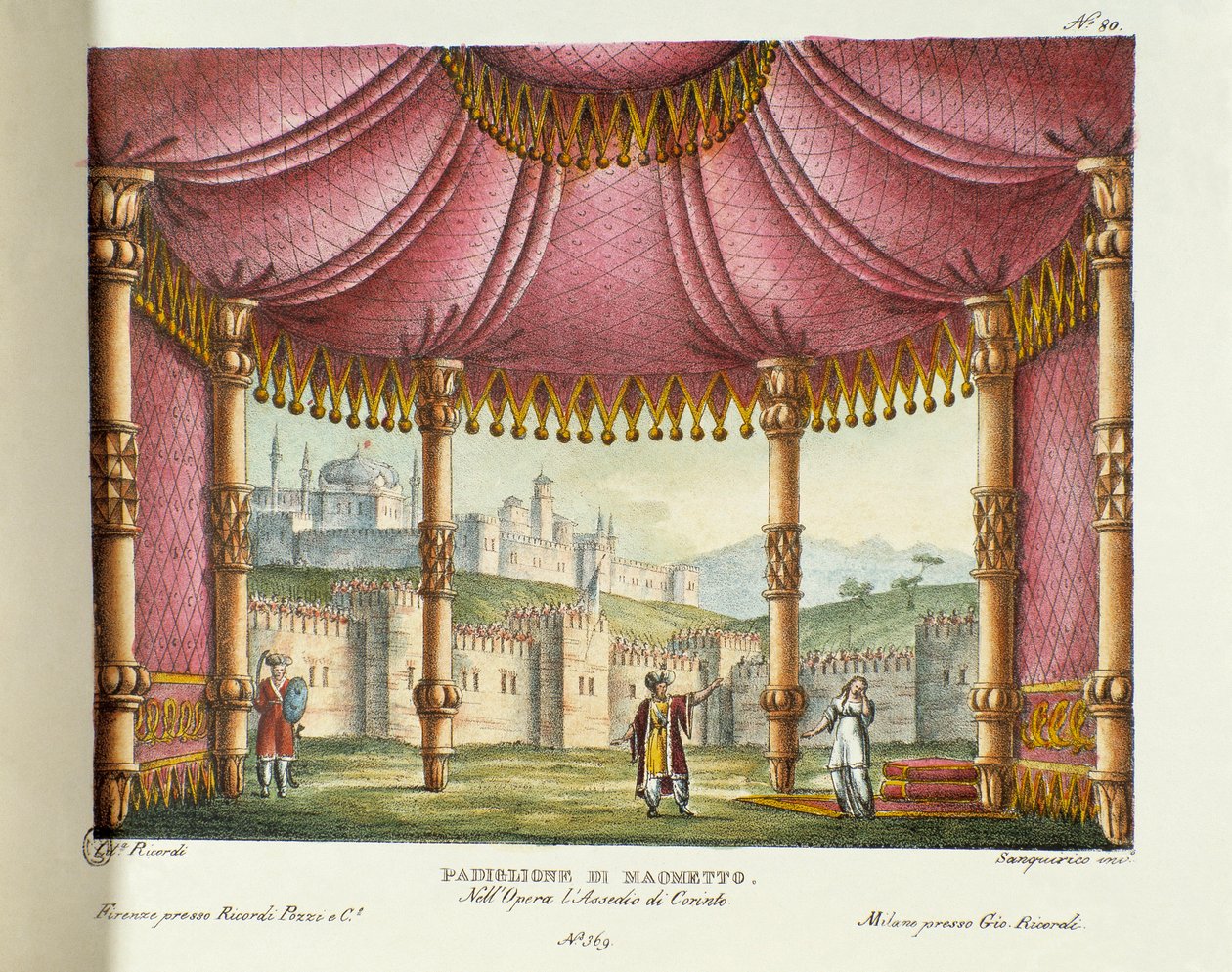 Mohamedův pavilon (2. dějství) Scénografie pro představení opery „Obležení Korintu“ (neboli Obležení Korintu) Gioacchina Rossiniho (nebo Gioachina) (1826) v Teatro alla scala v Miláně v roce 1829. Litografie ve „“ Sbírce vynálezů od Alessandro Sanquirico