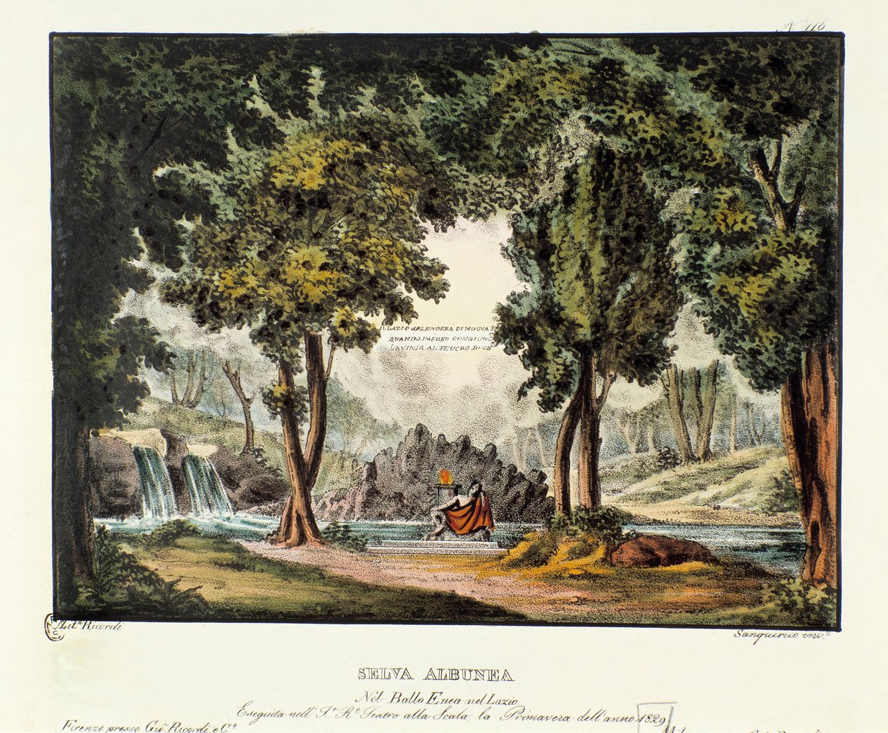 Les Sibyly Albunea Scénografie pro ztvárnění operního dramatu "" Enea nel Lazio "" (1799) Giuseppe Sartiho. Litografie ve „“ Sbírce scénických vynálezů z roku 1830 od Alessandra Sanquirica (1777-1849) ““. Milánská soukromá sbírka od Alessandro Sanquirico