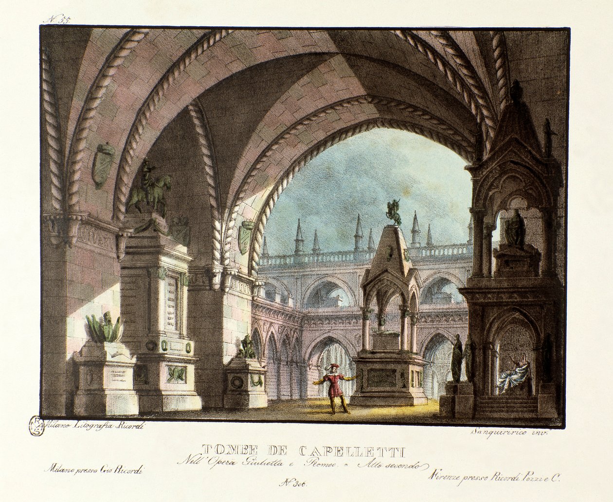 Hrobka rodiny Capuletů (Capuleti) Scénografie pro představení opery „Giulietta e Romeo“ (Julie a Romeo) (1796) Niccola Antonia Zingarelliho v divadle Teatro Carcano v roce 1829 podle skladby Williama Shakespeara „Romeo a Julie“. Litografie od Alessandro Sanquirico