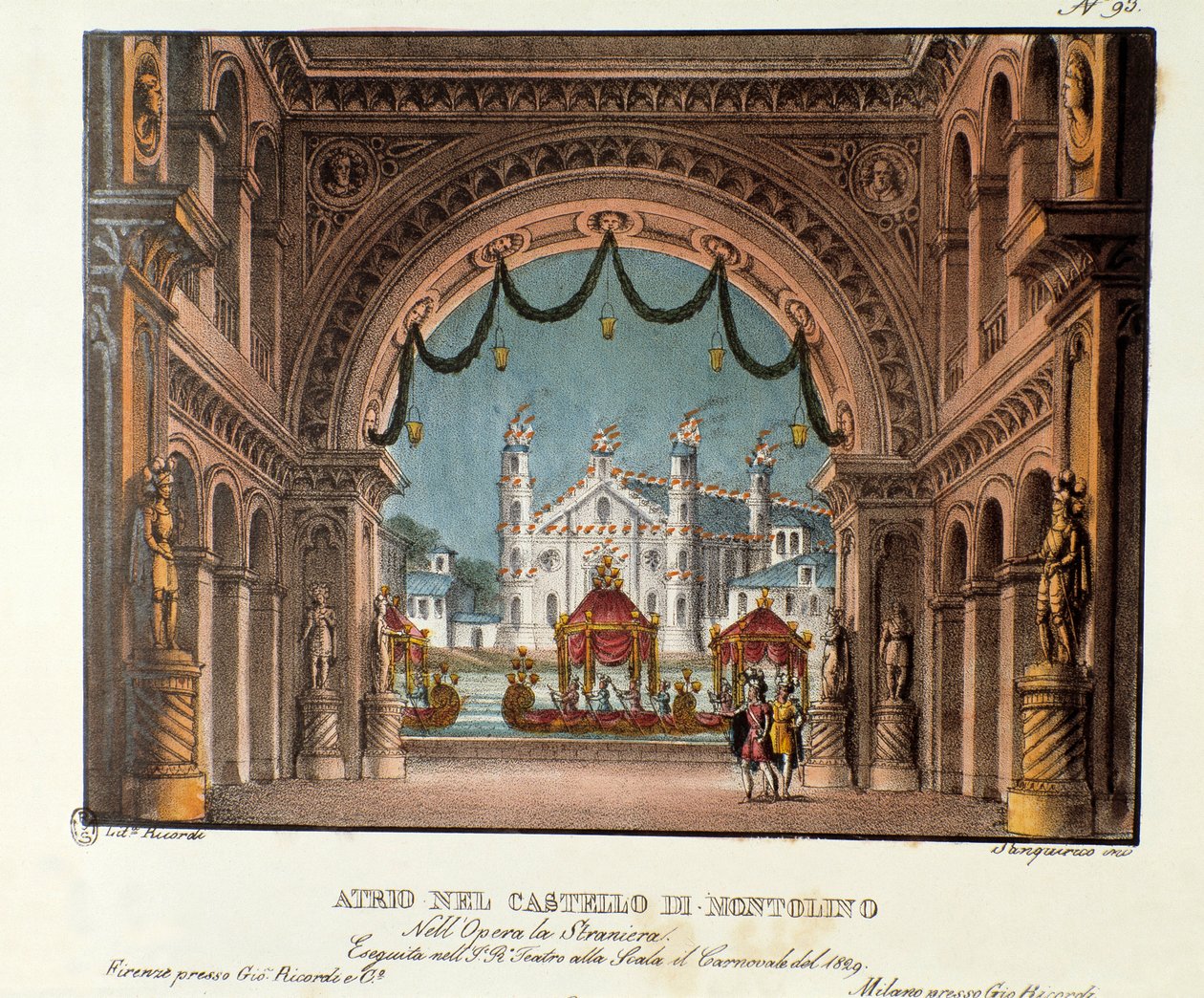 Předsíň hradu Montolino v Bretani Scénografie pro představení opery Vincenzo Belliniho „La straniera“ (1828) v Teatro alla scala v roce 1829. Litografie v „“ Sbírka scénických vynálezů z roku 1830 od Alessandra Sanquiriho od Alessandro Sanquirico