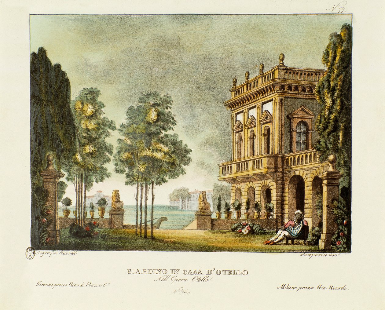 Pohled na Otellovu zahradu a dům Scénografie k opeře “” Otello ”” od Gioacchina Rossiniho (nebo Gioachina) (1816) podle díla Williama Shakespeara “” Othello or the Moor of Venice”). Litografie ve sbírce scénických vynálezů Alessandry z roku 1830 od Alessandro Sanquirico