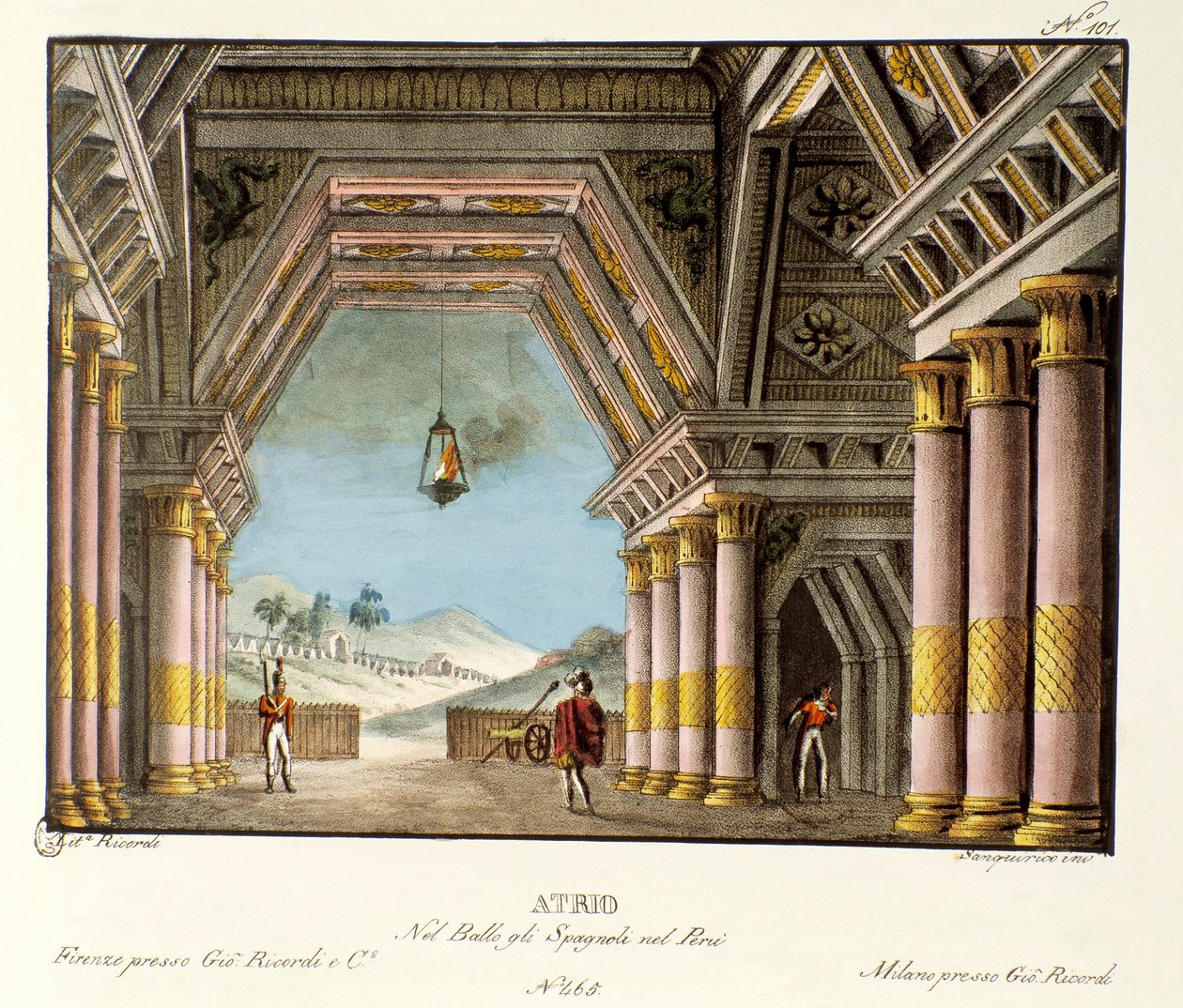 Pohled na velký palácový pokoj Scénografie pro balet „“ Španělé v Peru “ od italského choreografa Giovanniho Galzeraniho (1780-1865) (1828). Litografie ve „“ Sbírce scénických vynálezů z roku 1830 od Alessandra Sanquirica (1777-1849) ““. milánský pr od Alessandro Sanquirico