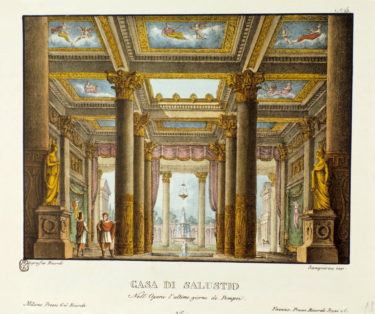 Pohled na dům Salustio (Saluste) Scénografie k zobrazení Giovanniho Paciniho „Poslední den Pompejí“ (Poslední den Pompejí). Litografie ve „“ Sbírce scénických vynálezů z roku 1830 od Alessandra Sanquirica (1777-1849) ““. Milán od Alessandro Sanquirico