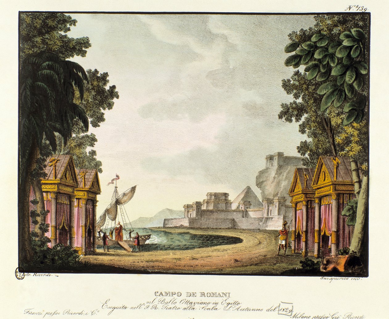 Pohled na římský tábor Scénografie k baletu „“ Octavian v Egyptě “ od italského choreografa Giovanniho Galzeraniho (1780-1865) (1828). Litografie ve „“ Sbírce scénických vynálezů z roku 1830 od Alessandra Sanquirica (1777-1849) ““. milánský soukromý c od Alessandro Sanquirico