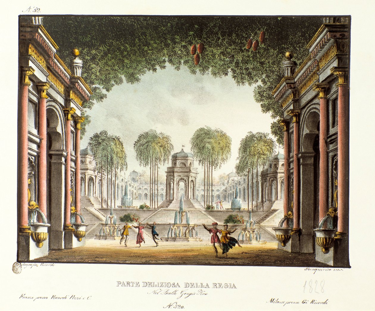 Pohled na Královský dvůr paláce Čingischána Scénografie pro balet „“ Genis-Kan “ od italského choreografa Giovanniho Galzeraniho (1780-1865) (1828). Litografie v "" Sbírka scénických vynálezů z roku 1830 od Alessandra Sanquirica (1777-1849) " od Alessandro Sanquirico