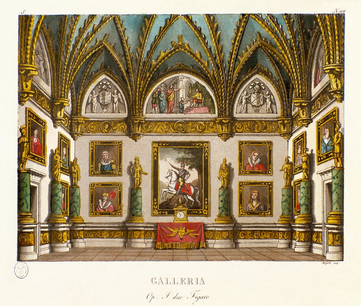 Pohled na galerijní dekoraci obrazů Scénografie k opeře „I due figaro“““ italského skladatele Giuseppe Saveria Raffaele Mercadante (1795-1870), po skladbě „Dvě figaros aneb Předmět komedie““ (1794 ) od Honore Francois Richaud od Alessandro Sanquirico