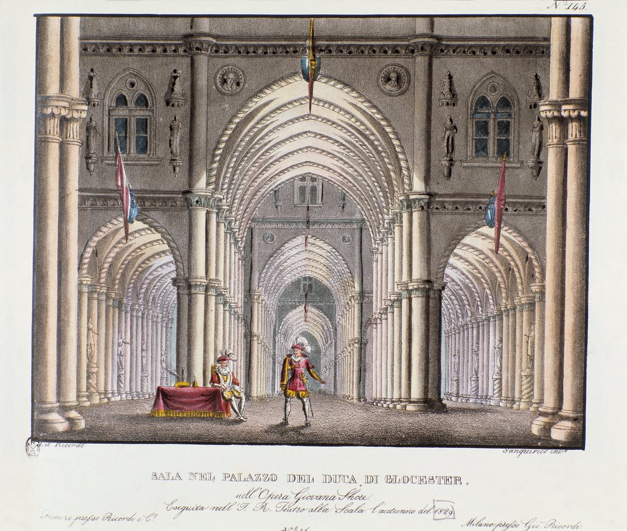 Pohled do sálu paláce vévody z Gloucesteru Scénografie k představení opery „Giovanna Shore“ (Jeanne Shore) Carla Pontiho (1829). Litografie v "" Sbírka scénických vynálezů z roku 1830 od Alessandra Sanquirica (1777-1849) " od Alessandro Sanquirico
