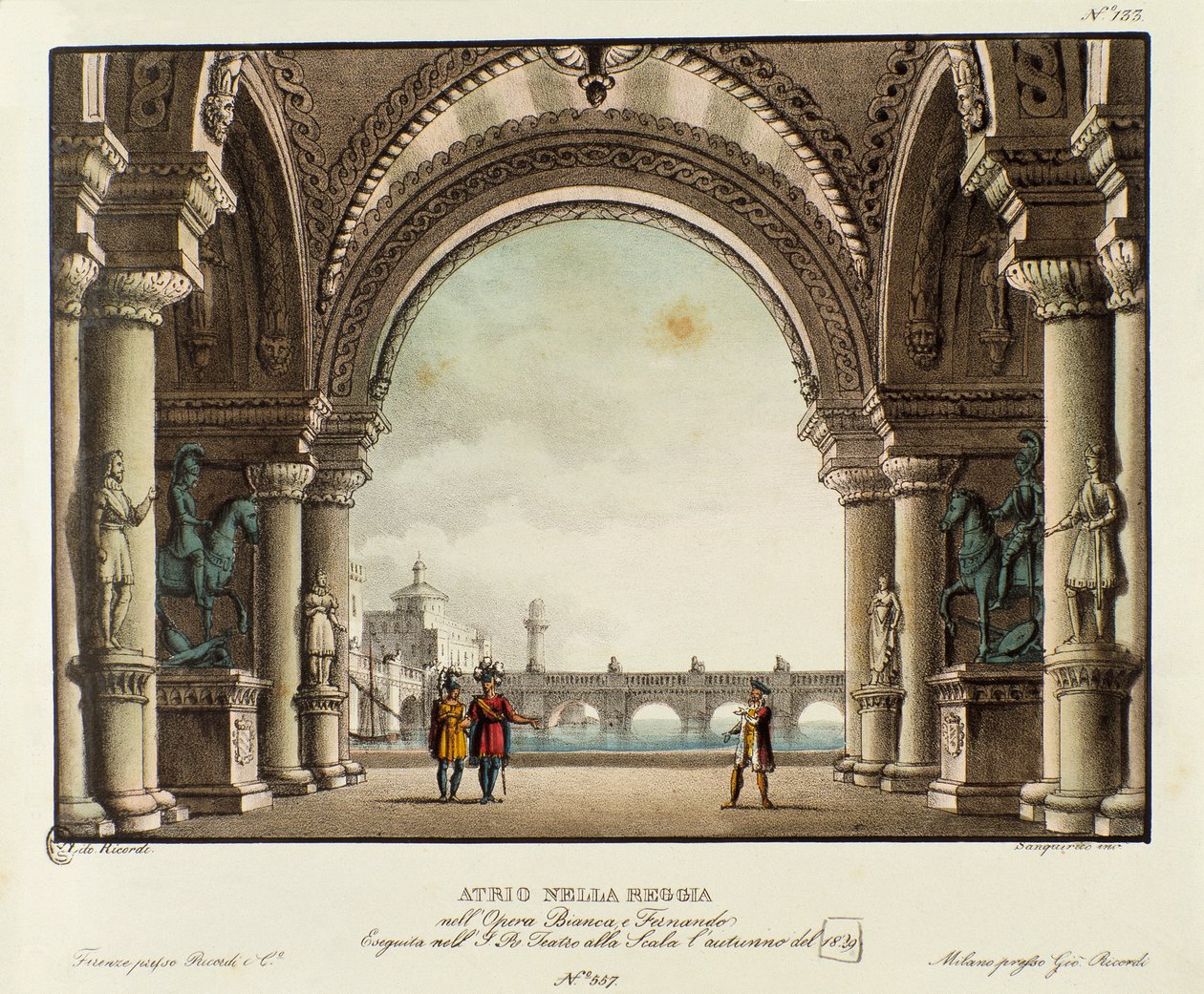 Pohled do sálu královského paláce Scénografie k zobrazení opery „Bianca e Fernando“ od Vincenza Belliniho (1826) v roce 1829. Litografie ve „“ Sbírce scénických vynálezů z roku 1830 od Alessandra Sanquirica (1777-1849) ““. Vojín Milanese od Alessandro Sanquirico