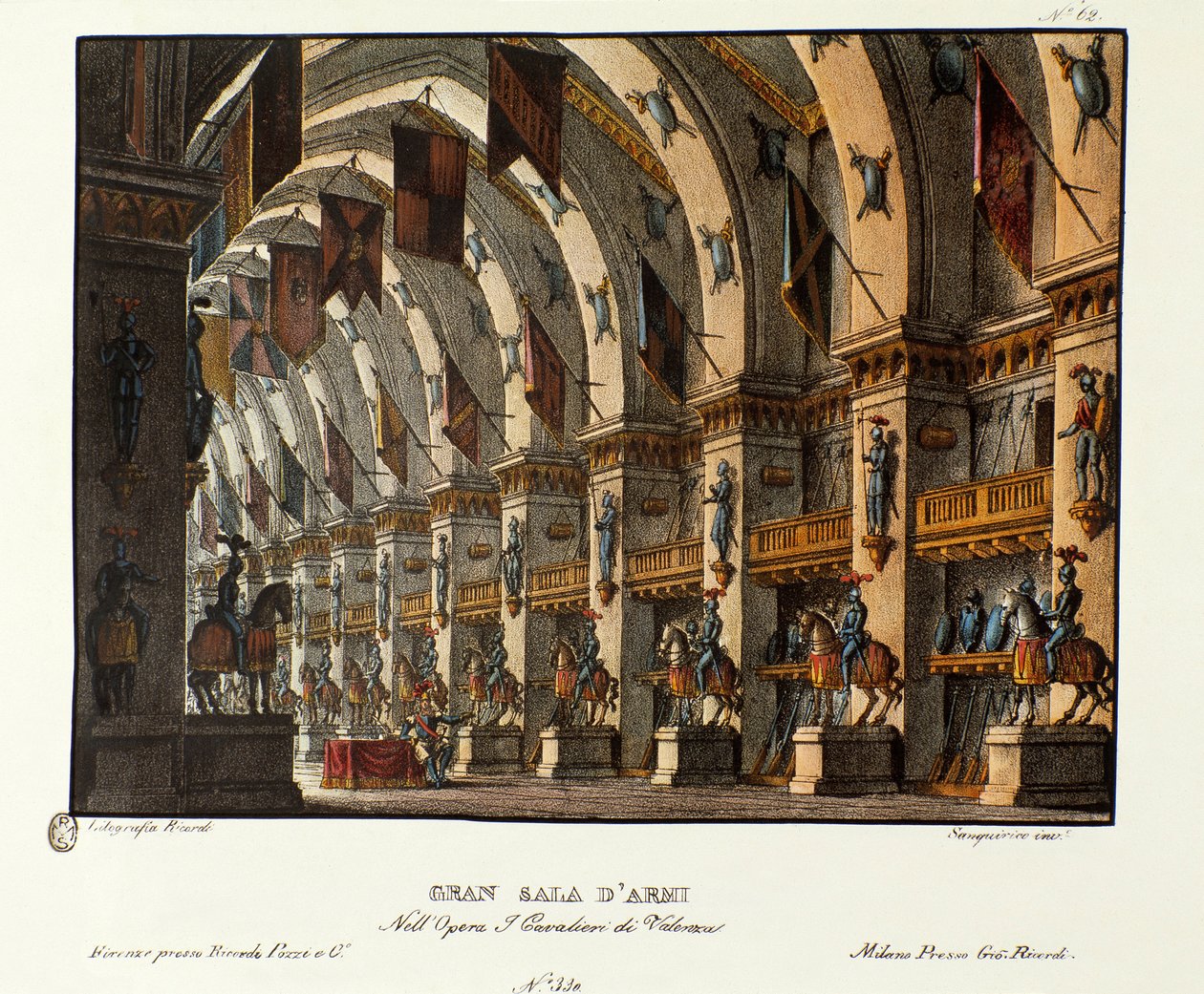 Pohled do velké zbrojní místnosti Scénografie k zobrazení opery „I cavalieri di Valenza“ od Giovanniho Paciniho a Gaetana Rossiho (1828). Litografie ve „“ Sbírce scénických vynálezů z roku 1830 od Alessandra Sanquirica (1777-1849) ““. milánský p od Alessandro Sanquirico