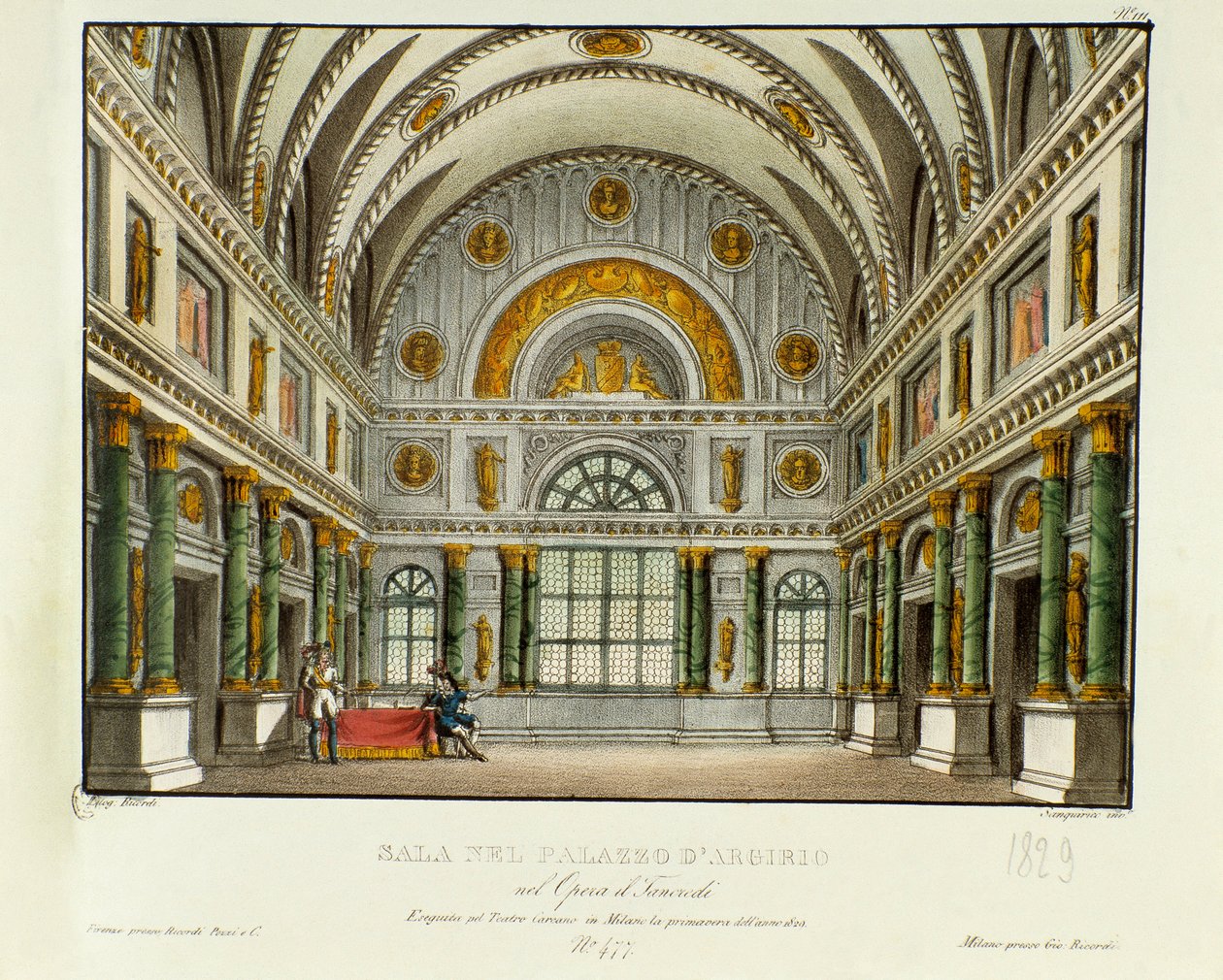 Pohled na palác krále Syrakus Argirio Scénografie pro představení opery „Tancredi“ (nebo Tancrede) od Gioacchina Rossiniho (nebo Gioachino) (1813) v Miláně v roce 1829 podle Voltairova díla „Tancrede“. Litografie v „“ Raccolta di invenzion od Alessandro Sanquirico