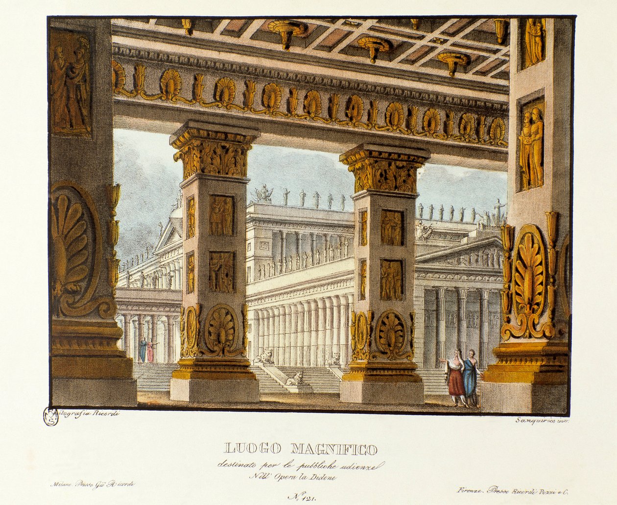 Pohled na palác, kde se konají veřejná slyšení Scénografie k ztvárnění lyrické tragédie „“ Didone““ (Didon) (1783) skladatele Niccolo Vita Piccinniho (nebo Picciniho) podle opery Metastasio (Metastase). Litografie v „“ Raccoltě od Alessandro Sanquirico