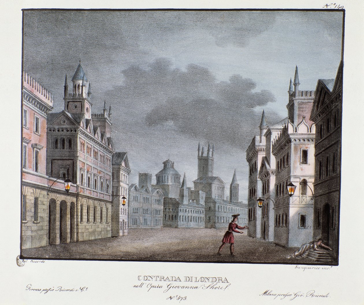 Pohled na předměstí Londýna Scénografie pro reprezentaci opery „Giovanna Shore“ (Jeanne Shore) Carla Pontiho (1829). Litografie ve „“ Sbírce scénických vynálezů z roku 1830 od Alessandra Sanquirica (1777-1849) ““. Milánská soukromá sbírka od Alessandro Sanquirico