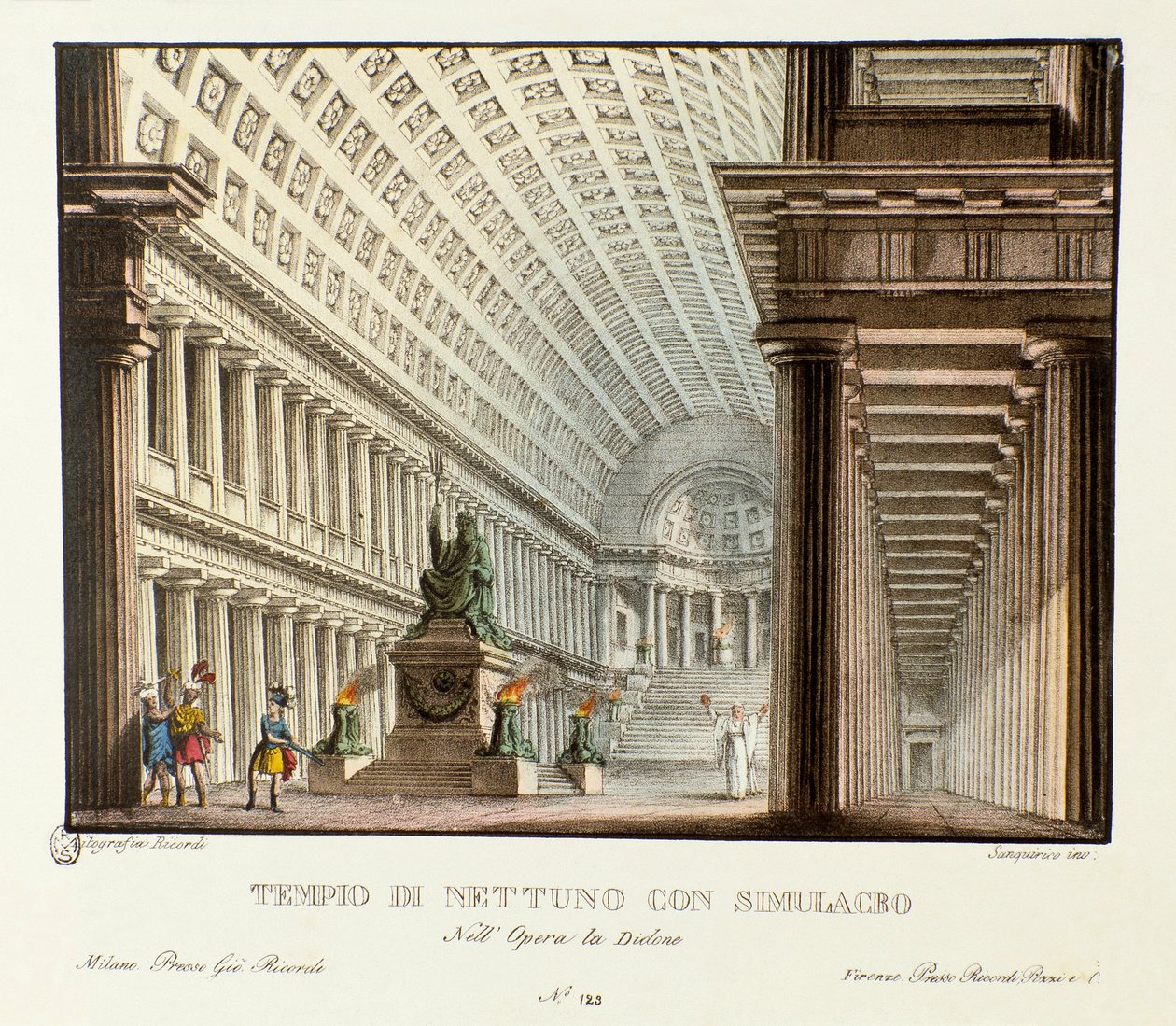 Pohled na Neptunův chrám Scénografie pro ztvárnění lyrické tragédie „“ Didone“ (Didon) (1783) skladatele Niccolo Vita Piccinniho (nebo Picciniho) podle opery Metastasio (Metastase). Litografie ve sbírce scénických vynálezů d od Alessandro Sanquirico