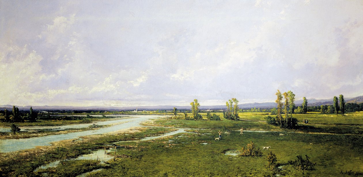 Lov na dně řeky Piave v Belluno, Malba Alessandra Seffera (1832-1905), Olej na plátně od Alessandro Seffer Guerra