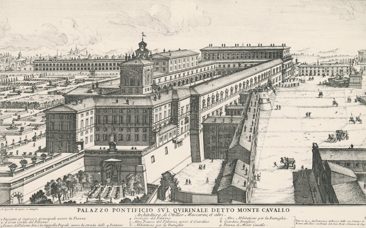 Papežský palác na kopci Quirinale, také známý jako Monte Cavallo, kresba a rytina Alessandro Specchi (1668-1729), Itálie od Alessandro Specchi