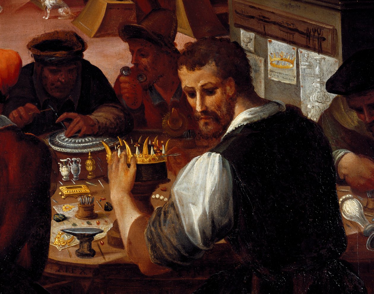 Dílna zlatníka. Detail kovodělníků (Malířství od Alessandro di Vincenzio Fei
