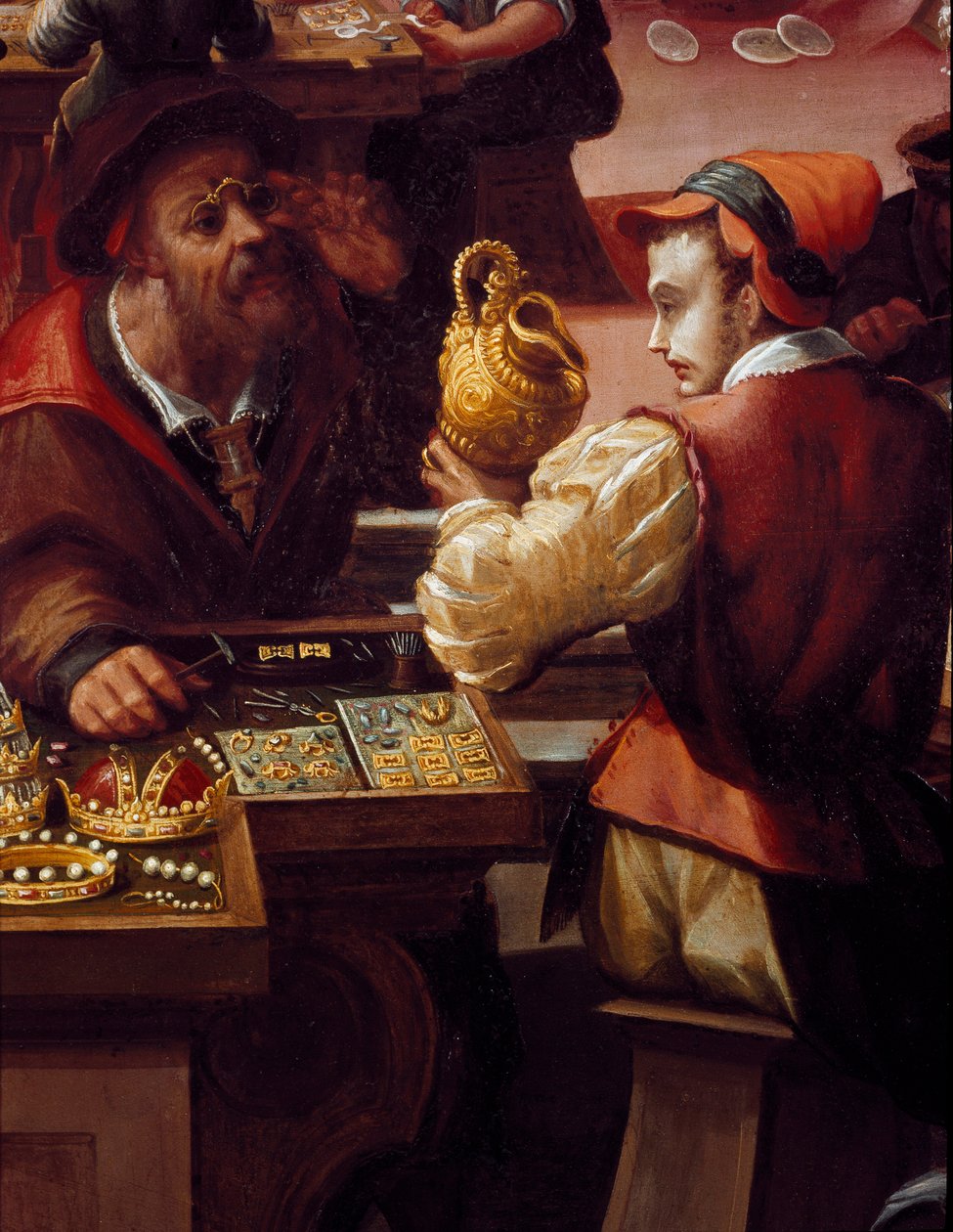 Dílna zlatníka Detail obchodu s předměty, šperky. (Malování od Alessandro di Vincenzio Fei