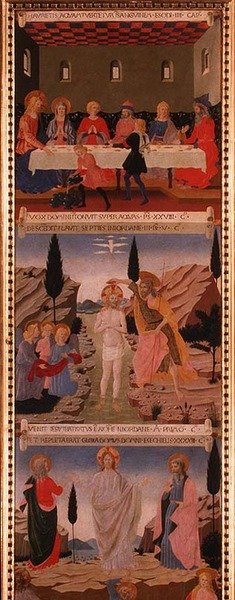 Scény Poslední večeře, Křest Krista a Nanebevstoupení, druhý panel ze Stříbrného pokladu Santissima Annunziata, kolem 1450-53 (tempera na panelu) od Alessio Baldovinetti