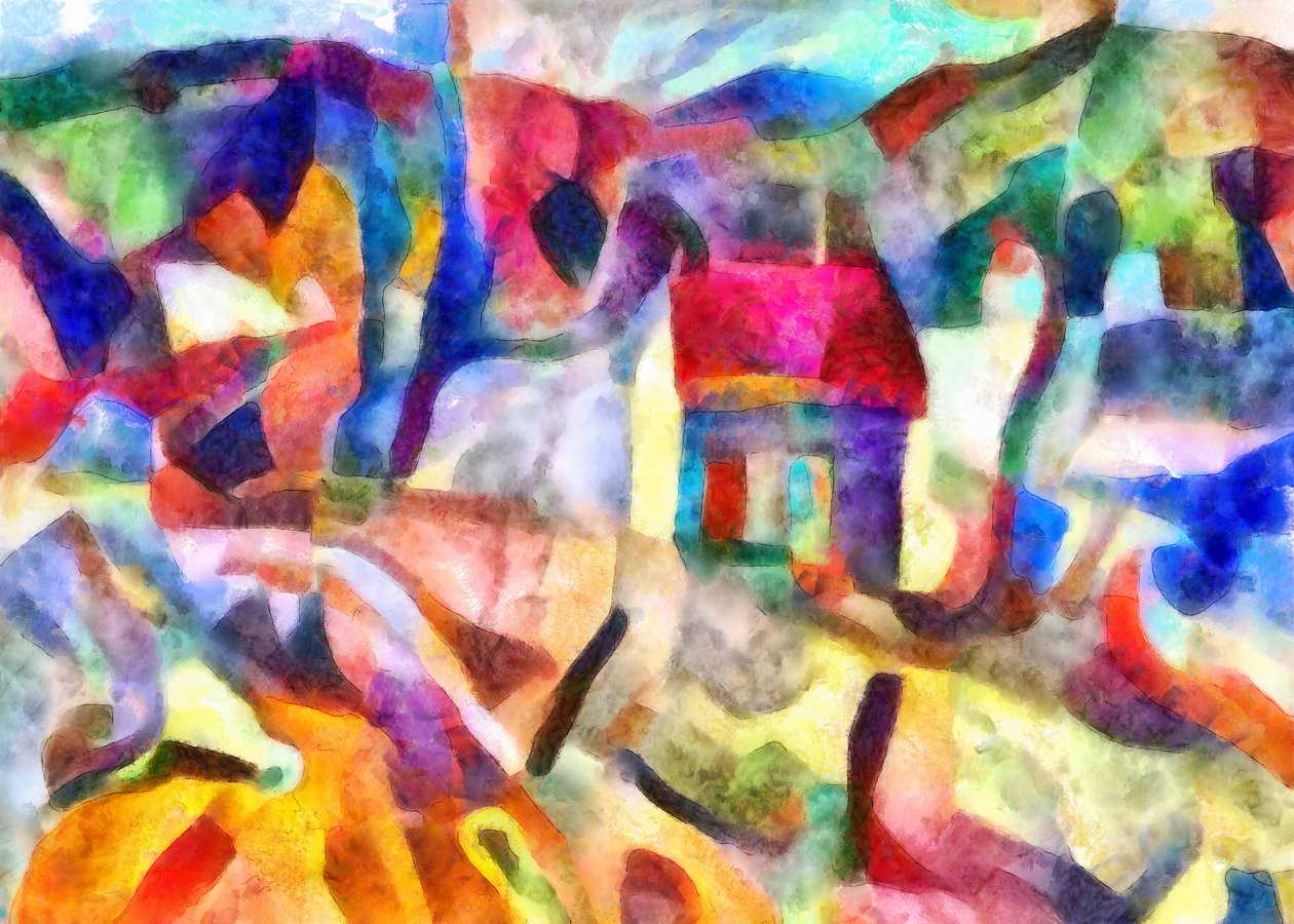 zelené okno, žlutá zeď, červená střecha,(mixed media) od Alex Caminker