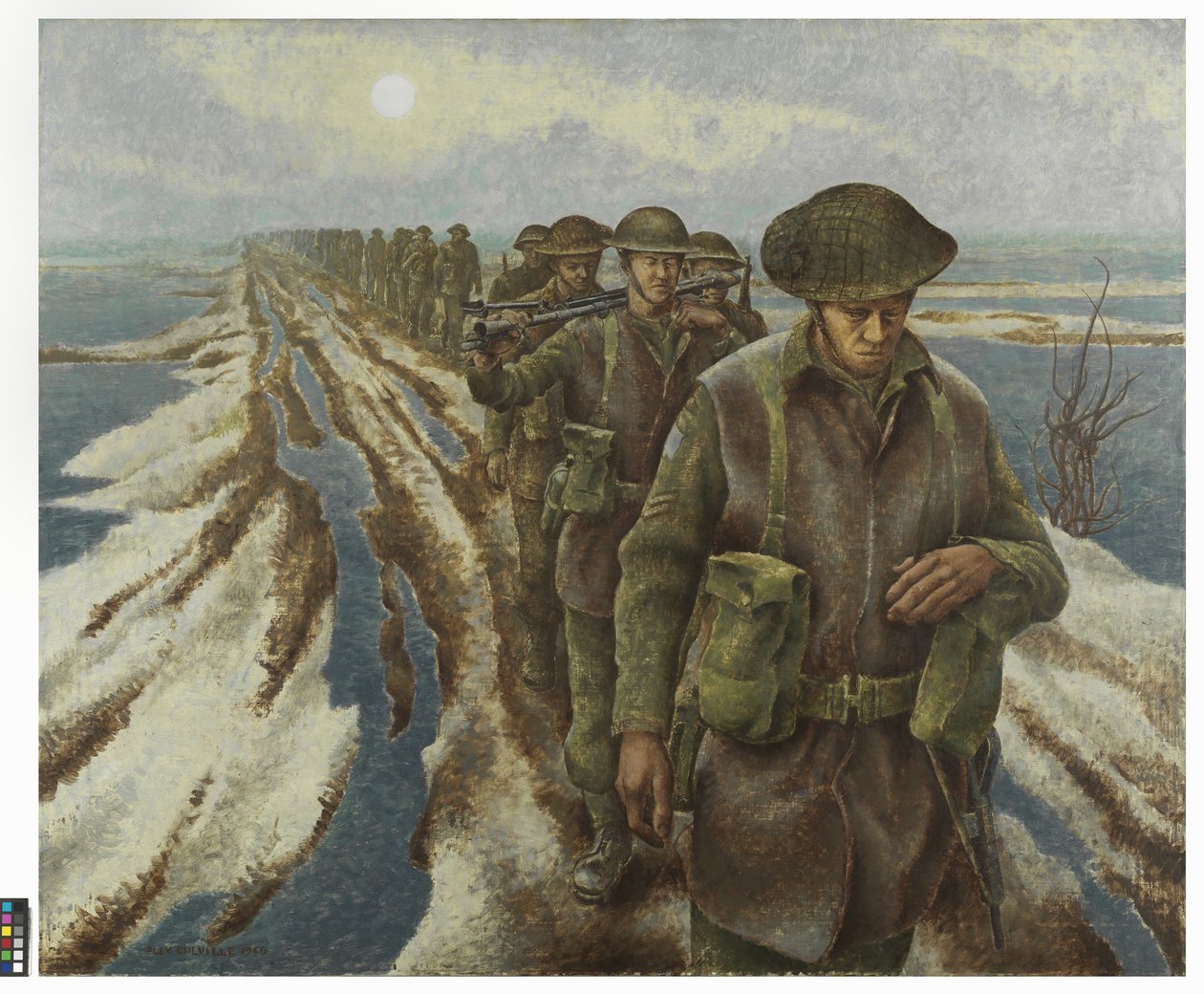 Pěchota u Nijmegenu, asi 1940 (olej na plátně) od Alex Colville