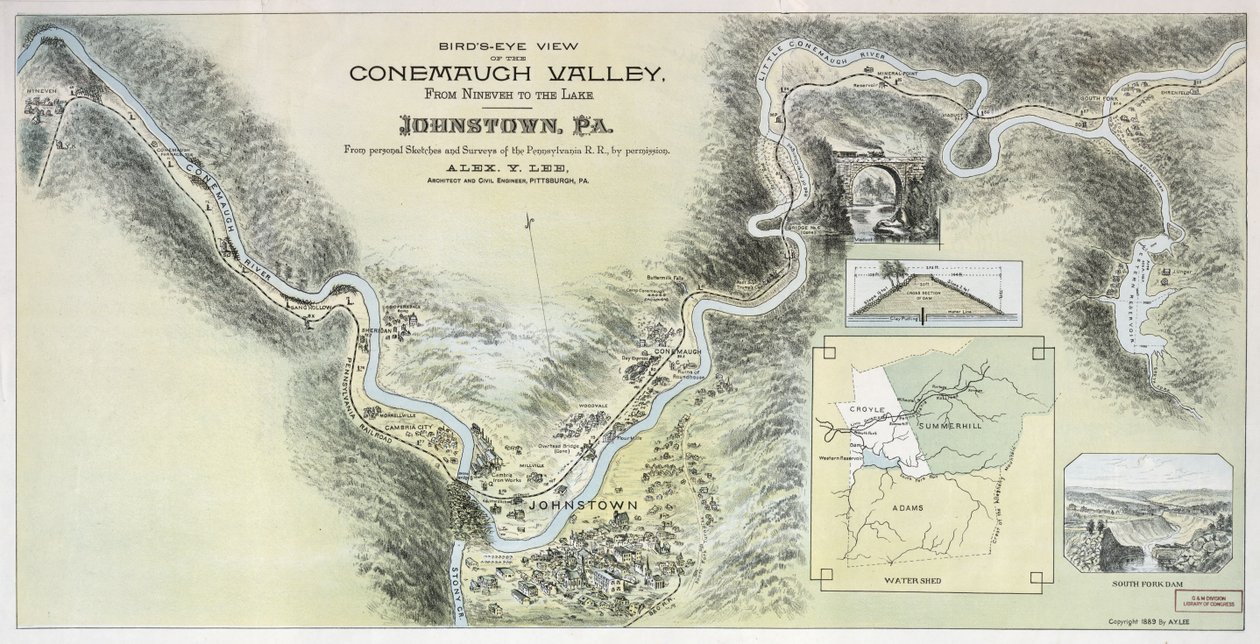Pohled z ptačí perspektivy na údolí Conemaugh od Ninive k jezeru, Johnstown, PA: z osobních náčrtů a průzkumů Pensylvánie R.R. se svolením od Alex. Y.; Pennsylvania Railroad Lee