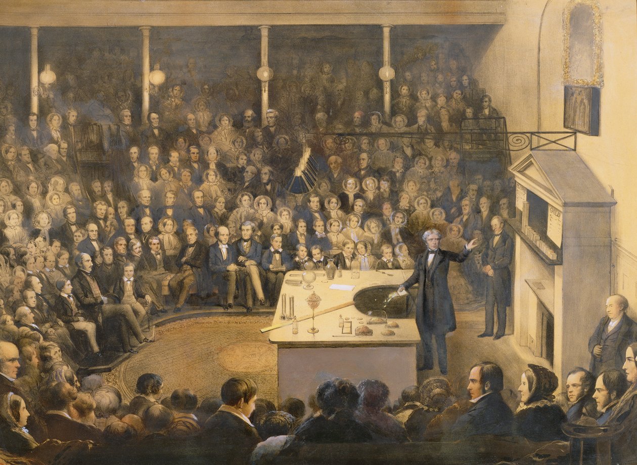 Michael Faraday (1791-1867) Přednášel v divadle v Royal Institution, kolem roku 1856 (barevná litografie) od Alexander Blaikley