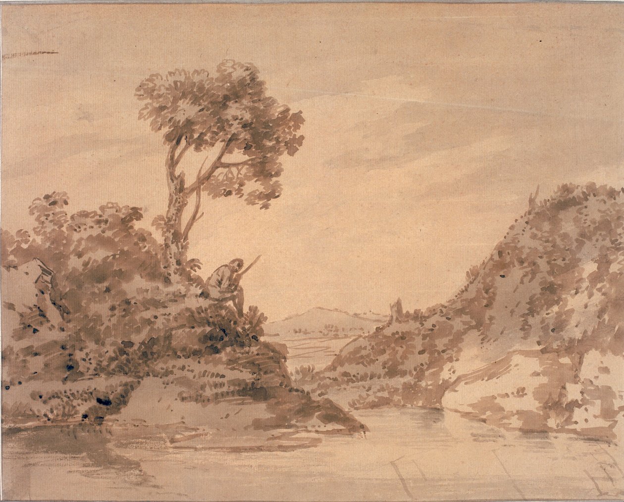 Krajina s postavou na břehu tůně (akvarel na papíře (hnědá)) od Alexander Cozens