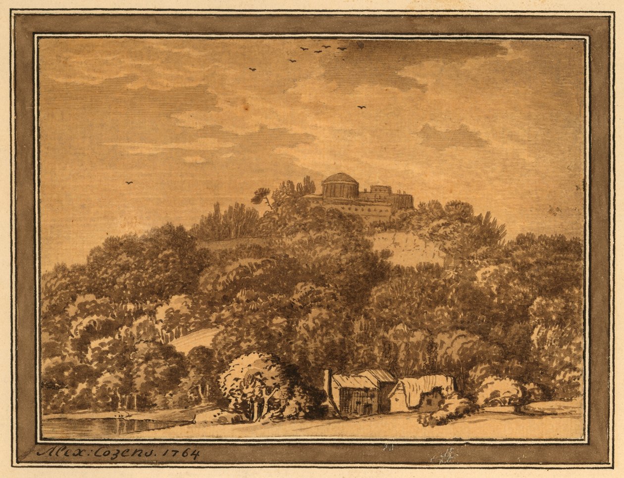 Krajina s chrámem, 1764 (mytí na papíře) od Alexander Cozens