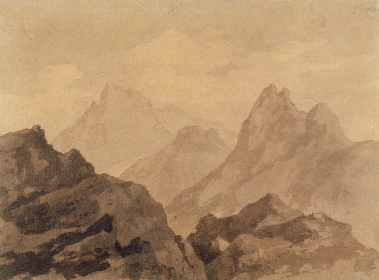 Vrcholky hor (Studie hor), asi 1780 (grafit s hnědou a šedou lazurou na papíře) od Alexander Cozens