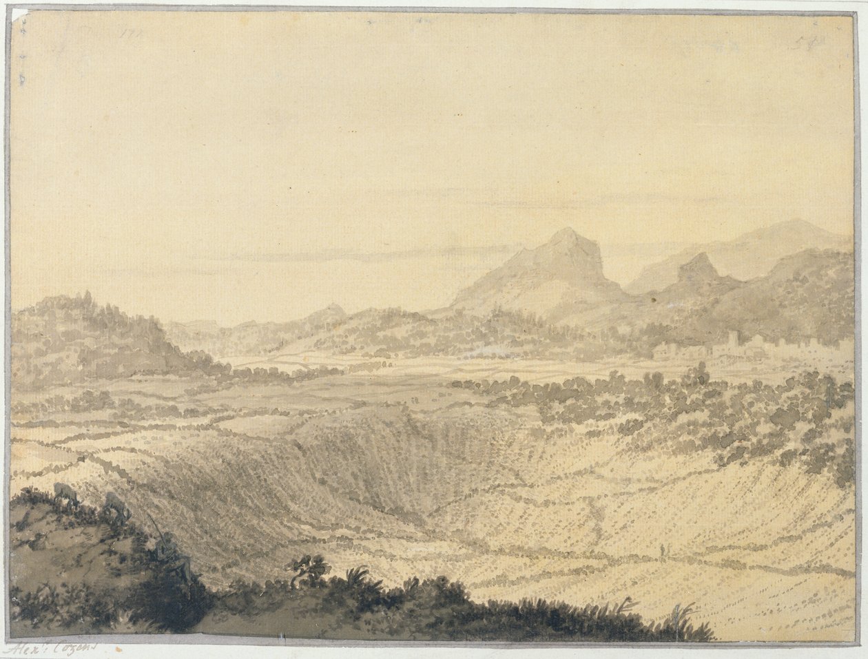 Skalnatá krajina (šedá barva na papíře) od Alexander Cozens