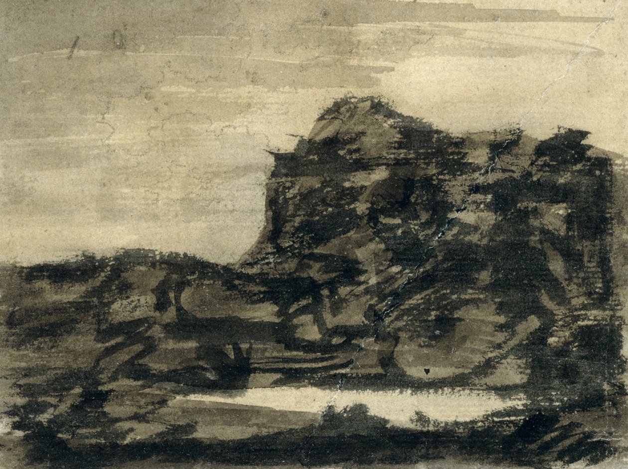 Jezero na úpatí útesu (tužka s černými, šedými a hnědými lazurami na papíře) od Alexander Cozens