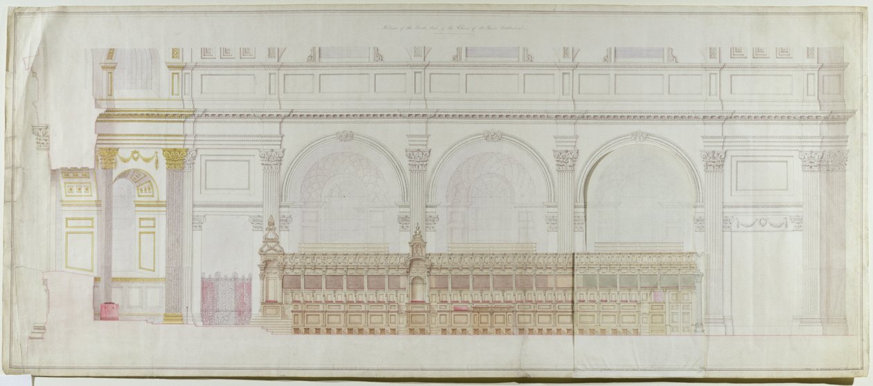 Povýšení chóru v katedrále St. Pauls, jak jej nově vyzdobil C. R. Cockerell (1788-1863) 1848 (tužka a wc na papíře) od Alexander Dick Gough
