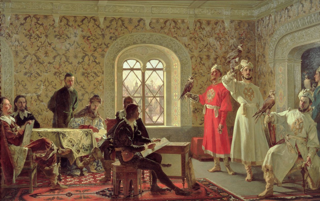 Italský velvyslanec Calvuci kreslí sokoly cara Alexeje Michajloviče (1629-76) 1889 od Alexander Dimitrievitch Litovtchenko
