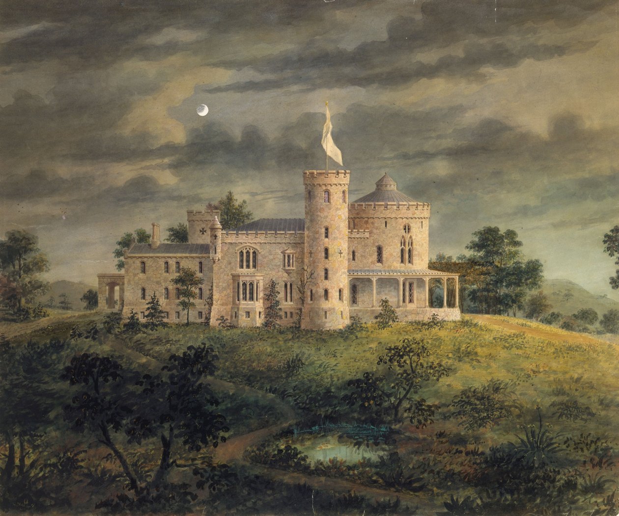 Ericstan, Tarrytown, 1855 (wc, inkoust a grafit na papíře) od Alexander Jackson Davis