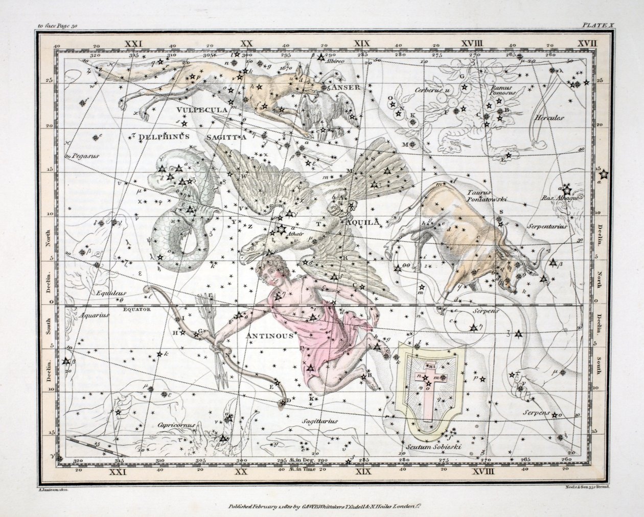 Souhvězdí (deska X) Aquila et Antinous, Scutum Sobieski, Taurus Poniatowski, Sagitta, Valpecula et Anser a Delphinus, z 